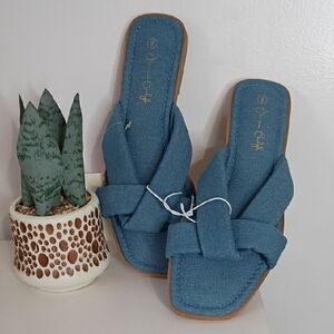Jessica Carlyln Zoey Size 9 Blue Denim Slide Sandals Crisscross Plush Straps NWT